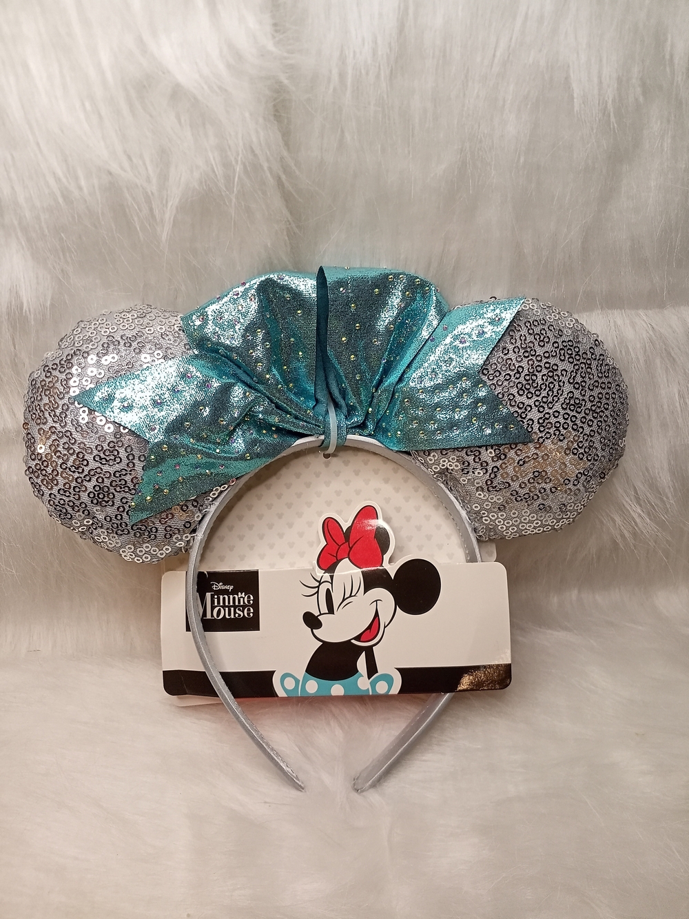 Disney Silver Sequin Minnie Ear Headband with Aqua Bow